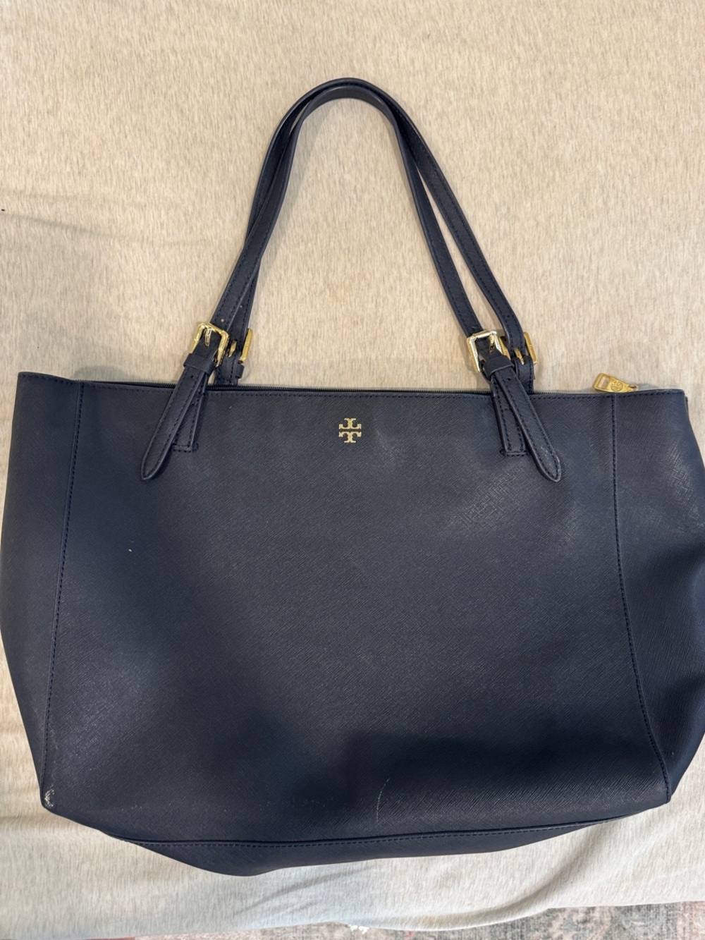 Tory Burch Navy Leather Tote with Gold Hardware